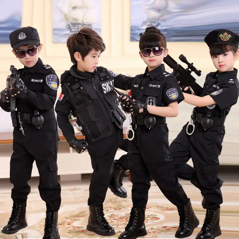 SWAT Children Halloween Policeman Cosplay Costumes Kids Carnival Police Uniform 110-160cm Boys Army Policemen Soldier 7 Pcs/Sets