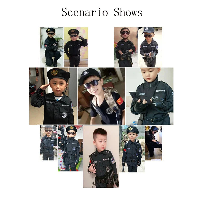 SWAT Children Halloween Policeman Cosplay Costumes Kids Carnival Police Uniform 110-160cm Boys Army Policemen Soldier 7 Pcs/Sets