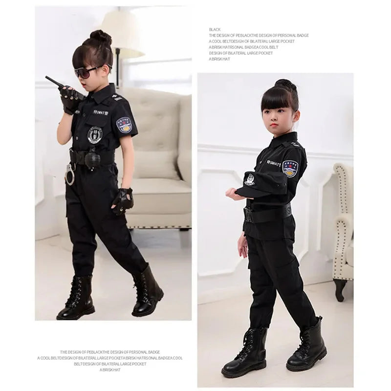 SWAT Children Halloween Policeman Cosplay Costumes Kids Carnival Police Uniform 110-160cm Boys Army Policemen Soldier 7 Pcs/Sets