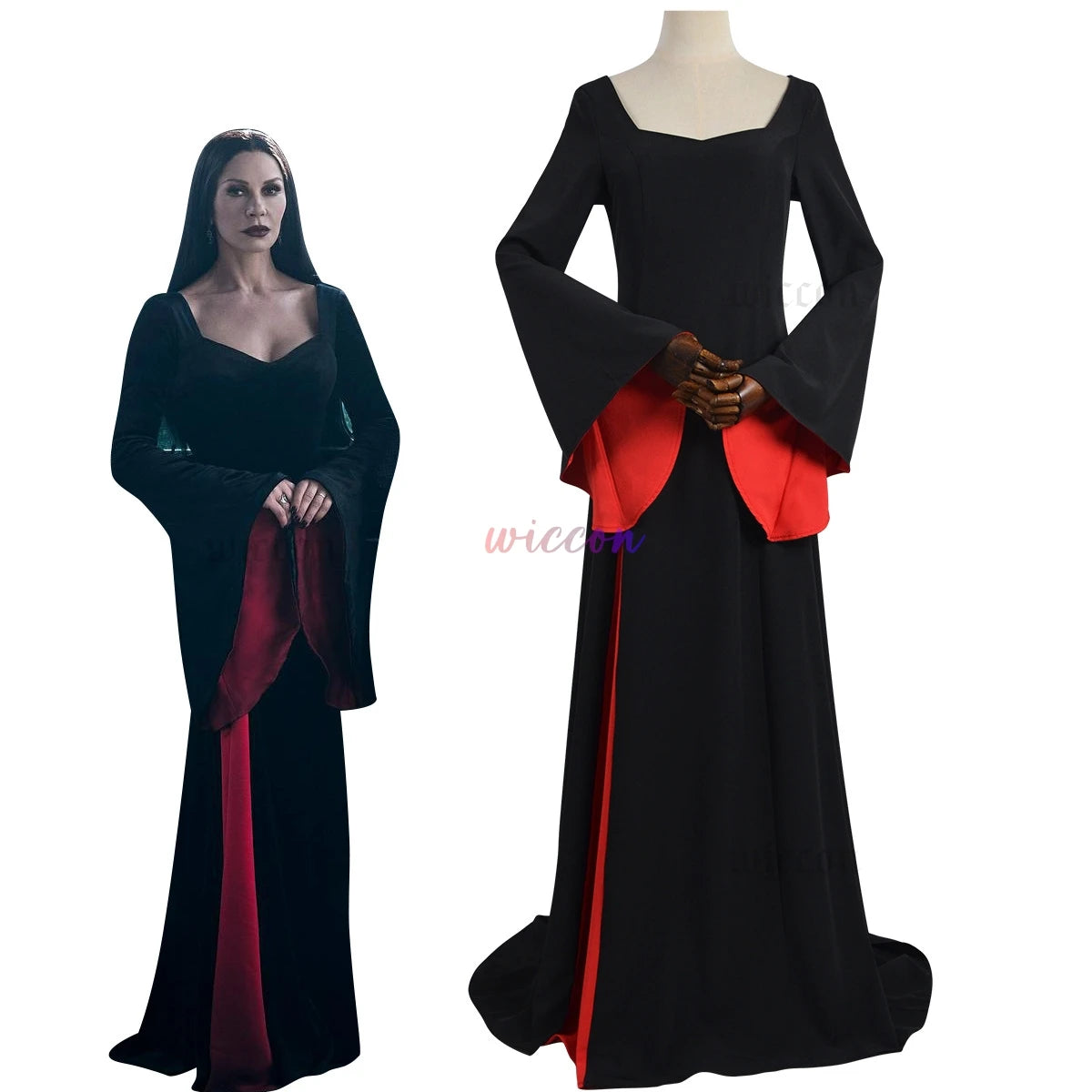 Morticia Cosplay Costume Black Robe Wig Set Women Gothic Dress Maxi Skirt Adult Vintage Halloween Masquerade Party