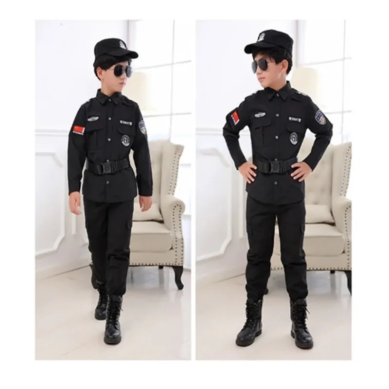 SWAT Children Halloween Policeman Cosplay Costumes Kids Carnival Police Uniform 110-160cm Boys Army Policemen Soldier 7 Pcs/Sets