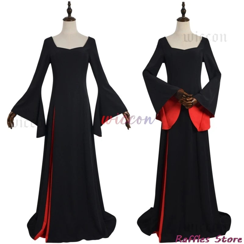 Morticia Cosplay Costume Black Robe Wig Set Women Gothic Dress Maxi Skirt Adult Vintage Halloween Masquerade Party