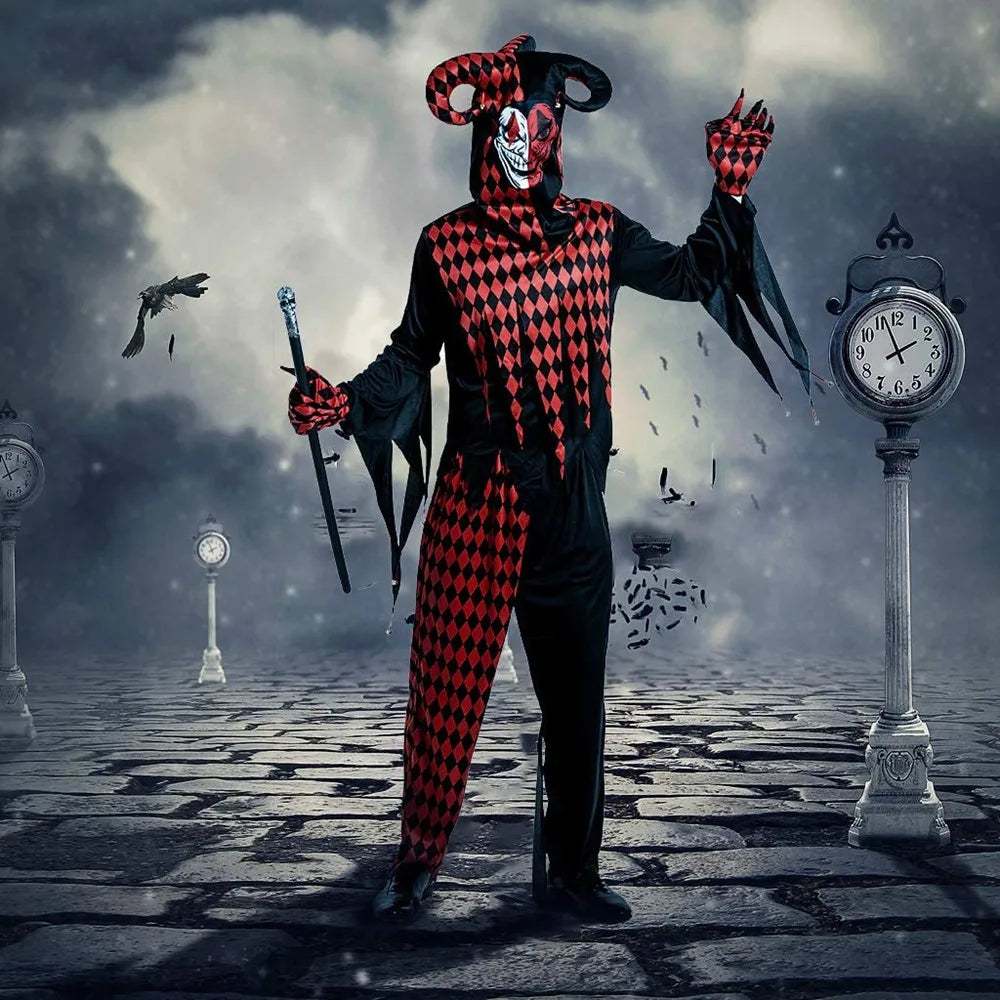 Men Horror Balck Clown Costume Cosplay Adult Scary Gothic Killer Circus Halloween Party Outfit Carnival Easter Purim Fancy Dress