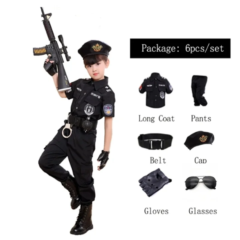SWAT Children Halloween Policeman Cosplay Costumes Kids Carnival Police Uniform 110-160cm Boys Army Policemen Soldier 7 Pcs/Sets