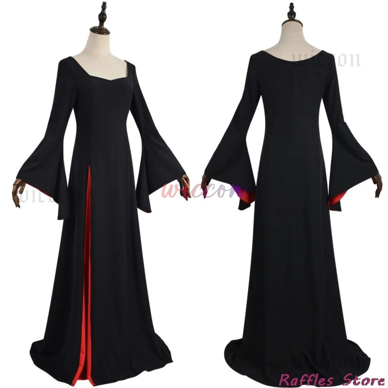 Morticia Cosplay Costume Black Robe Wig Set Women Gothic Dress Maxi Skirt Adult Vintage Halloween Masquerade Party