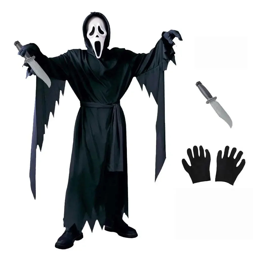 Kids Scream Costume Children Fancy Dress Halloween Party Horror Death Ghostface Costume Boys Teens