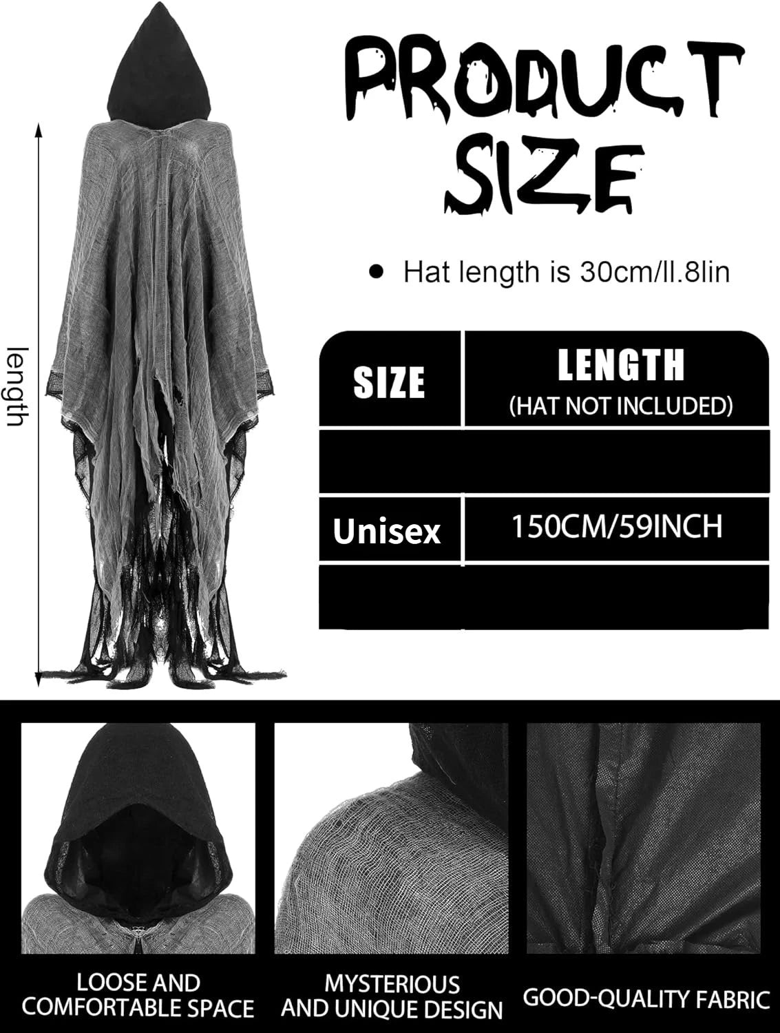 Halloween Hooded Cloak Medieval Renaissance Gothic Wizard Robe Scary Grim Reaper Cosplay Costume for Unisex