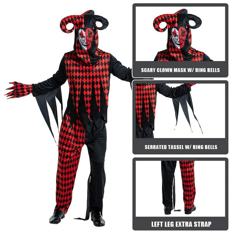 Men Horror Balck Clown Costume Cosplay Adult Scary Gothic Killer Circus Halloween Party Outfit Carnival Easter Purim Fancy Dress