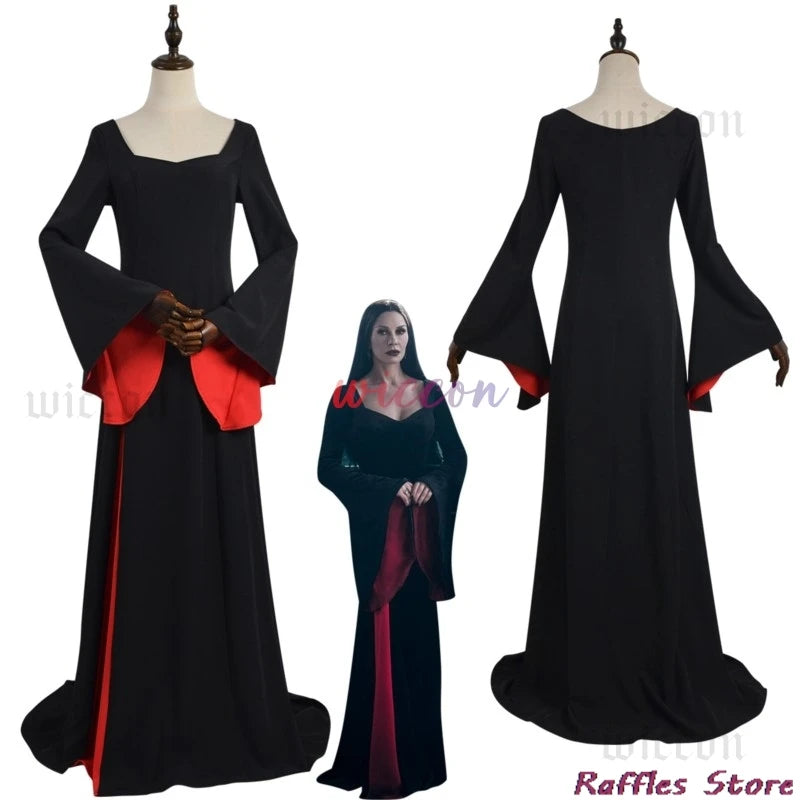 Morticia Cosplay Costume Black Robe Wig Set Women Gothic Dress Maxi Skirt Adult Vintage Halloween Masquerade Party