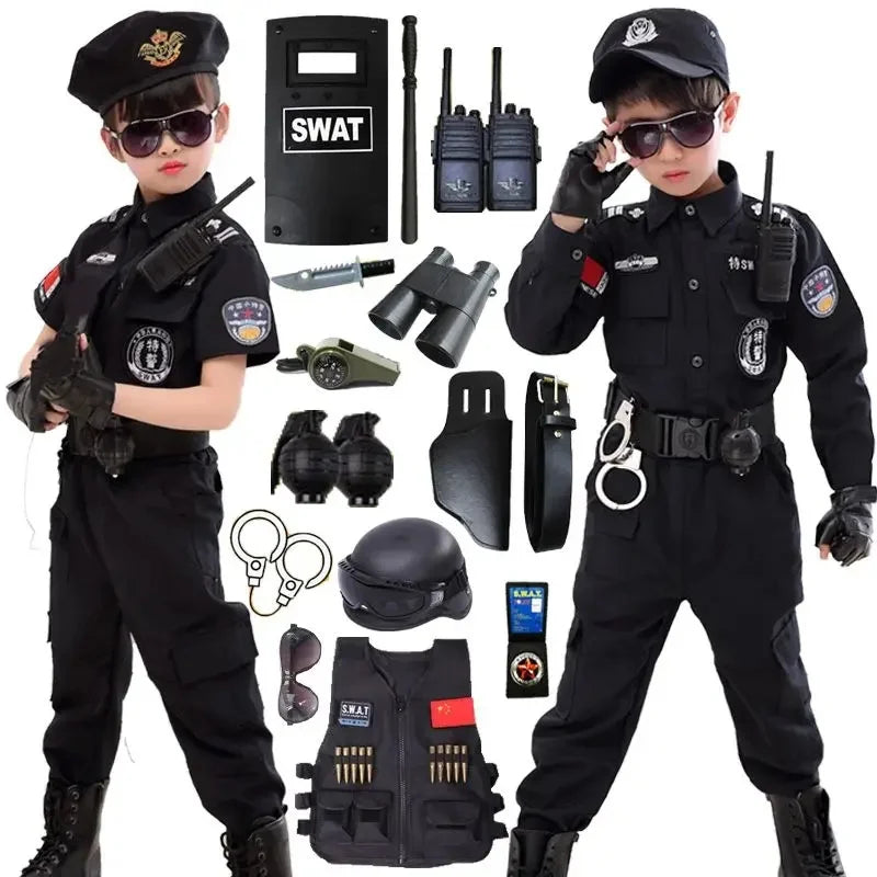 SWAT Children Halloween Policeman Cosplay Costumes Kids Carnival Police Uniform 110-160cm Boys Army Policemen Soldier 7 Pcs/Sets