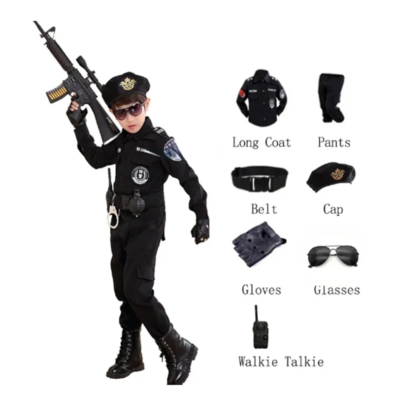 SWAT Children Halloween Policeman Cosplay Costumes Kids Carnival Police Uniform 110-160cm Boys Army Policemen Soldier 7 Pcs/Sets