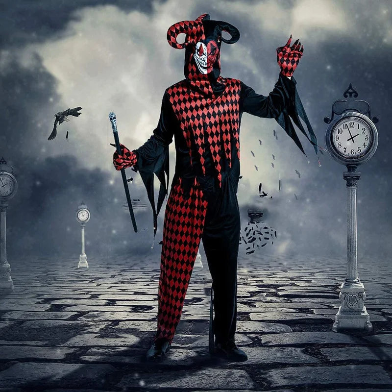 Men Horror Balck Clown Costume Cosplay Adult Scary Gothic Killer Circus Halloween Party Outfit Carnival Easter Purim Fancy Dress