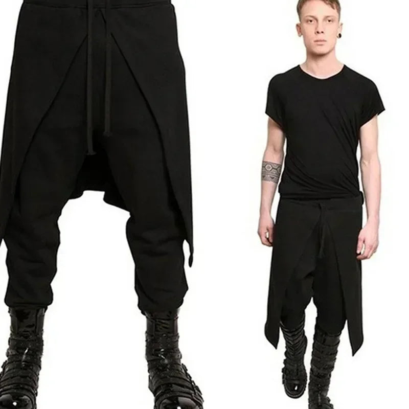 Medieval Steampunk Black Pant Costume for Men Western Style Spliced Loose Pants Stage Cosplay Halloween Gothic Fashion Pant