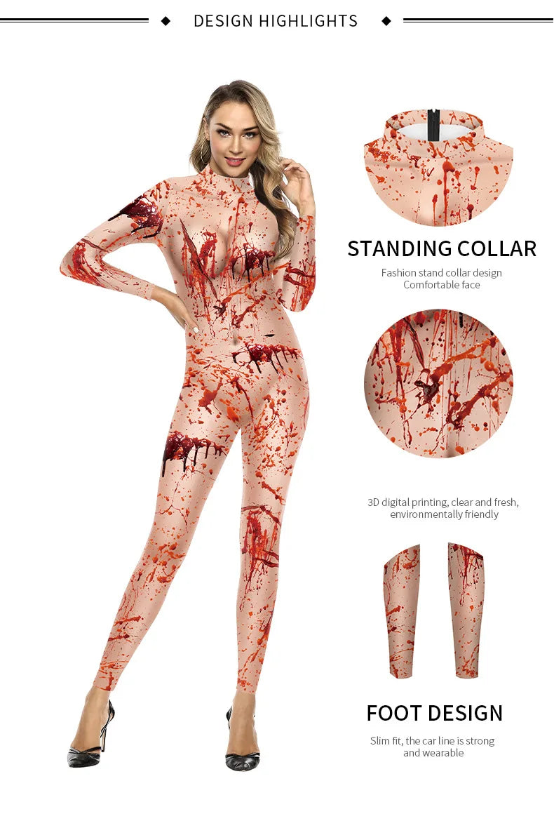 Color Cosplayer Zombie Jumpsuits Women Halloween Party Cosplay Costumes Gothic Ghastly Performance Catsuits Role Playing Costume