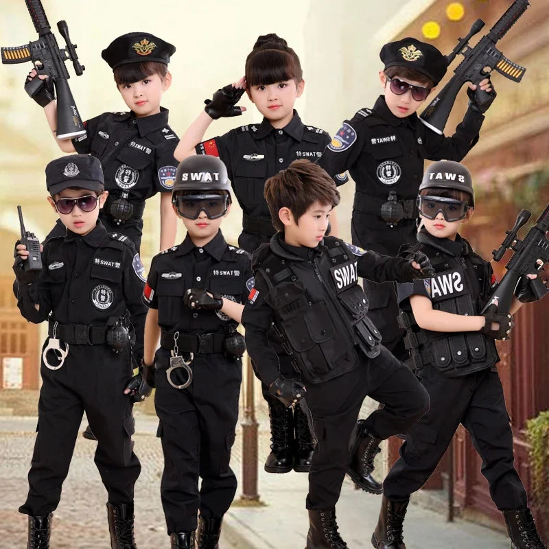 SWAT Children Halloween Policeman Cosplay Costumes Kids Carnival Police Uniform 110-160cm Boys Army Policemen Soldier 7 Pcs/Sets