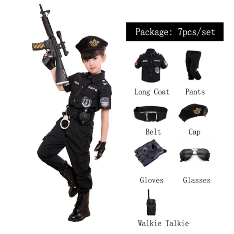 SWAT Children Halloween Policeman Cosplay Costumes Kids Carnival Police Uniform 110-160cm Boys Army Policemen Soldier 7 Pcs/Sets