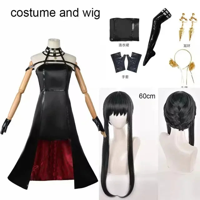 Anime Yor Forger Cosplay costume Headband Earrings Leather Stocking Wig dress full set for Halloween Carnival Party Comic Con