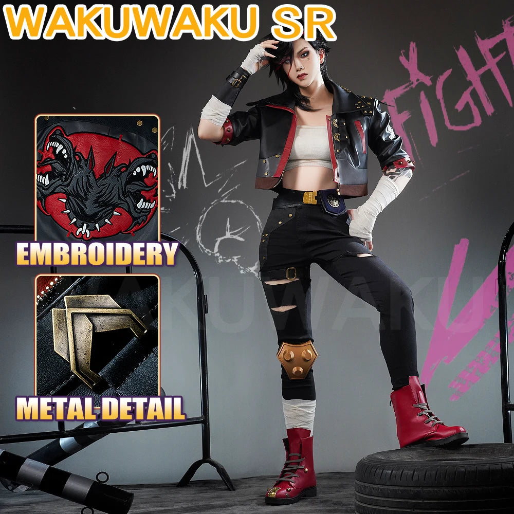 IN STOCK Vi Cosplay Costume Anime Arcane Cosplay【S-3XL】WakuWaku-SR Women Halloween Arcane Vi Cosplay Coat Metal Plus Size LOL
