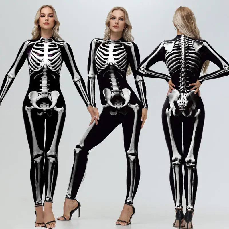 [You're My Secret] Cosplay Zombie Scary Skeleton Printed Bodysuit Halloween Party CostumeWomen Zenti Jumpsuit Day of the Dead