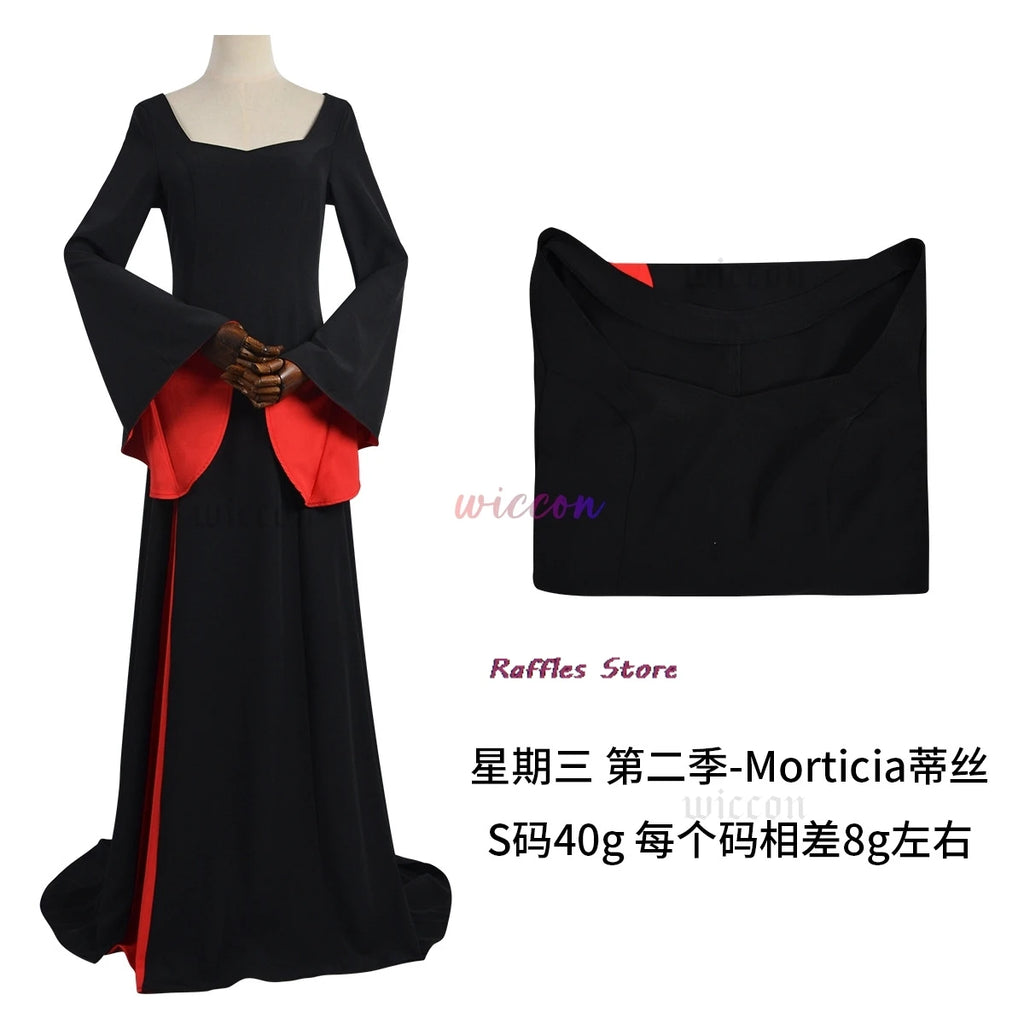 Morticia Cosplay Costume Black Robe Wig Set Women Gothic Dress Maxi Skirt Adult Vintage Halloween Masquerade Party
