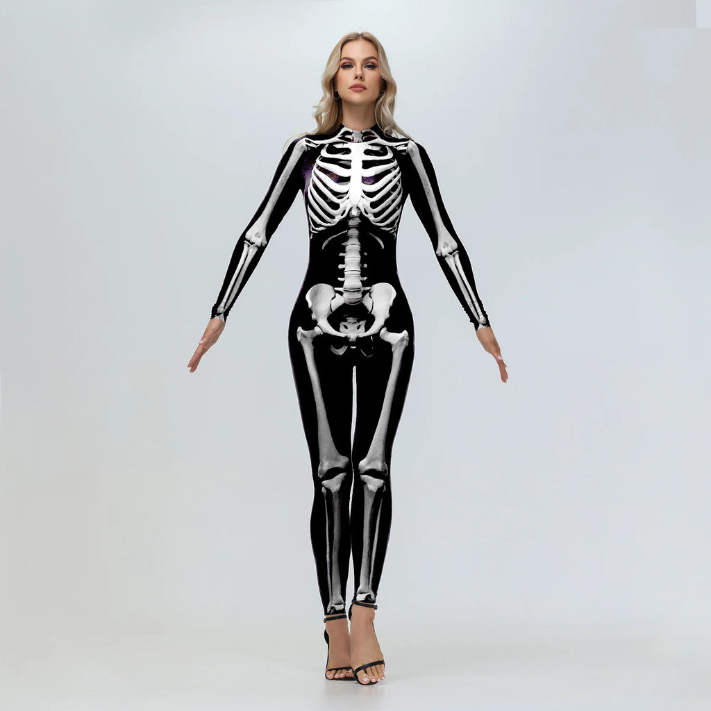 [You're My Secret] Cosplay Zombie Scary Skeleton Printed Bodysuit Halloween Party CostumeWomen Zenti Jumpsuit Day of the Dead