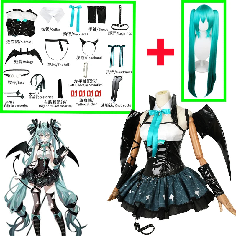 Anime Devil Hatsune Cosplay Costumes Game Demon Miku Dress Wig Wings Horns Tail Suit Carnival Party Outfits Women Sexy Uniform