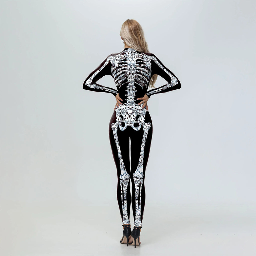[You're My Secret] Cosplay Zombie Scary Skeleton Printed Bodysuit Halloween Party CostumeWomen Zenti Jumpsuit Day of the Dead