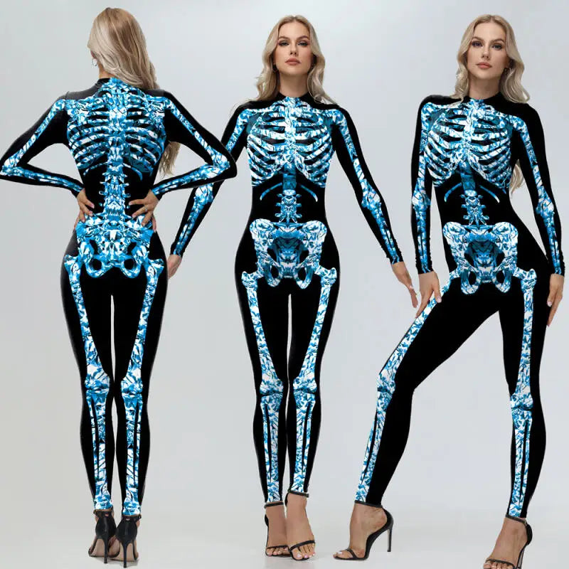 [You're My Secret] Cosplay Zombie Scary Skeleton Printed Bodysuit Halloween Party CostumeWomen Zenti Jumpsuit Day of the Dead